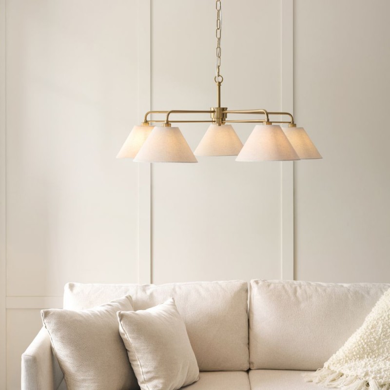 Endon-120304 - Wallbridge - Brushed Aged Brass 5 Light Centre Fitting with Natural Linen Shades