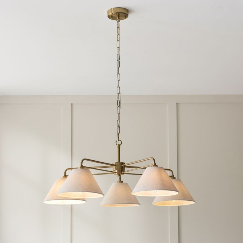 Endon-120304 - Wallbridge - Brushed Aged Brass 5 Light Centre Fitting with Natural Linen Shades