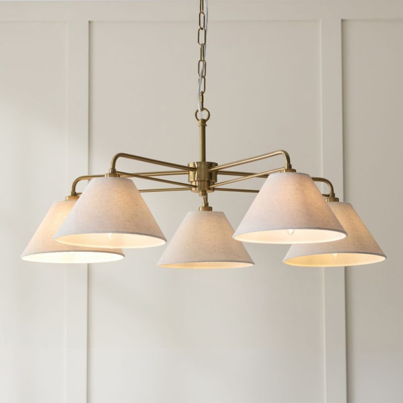 Endon-120304 - Wallbridge - Brushed Aged Brass 5 Light Centre Fitting with Natural Linen Shades
