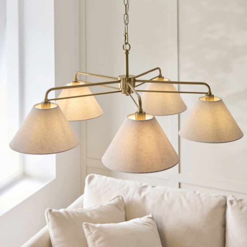 Endon-120304 - Wallbridge - Brushed Aged Brass 5 Light Centre Fitting with Natural Linen Shades