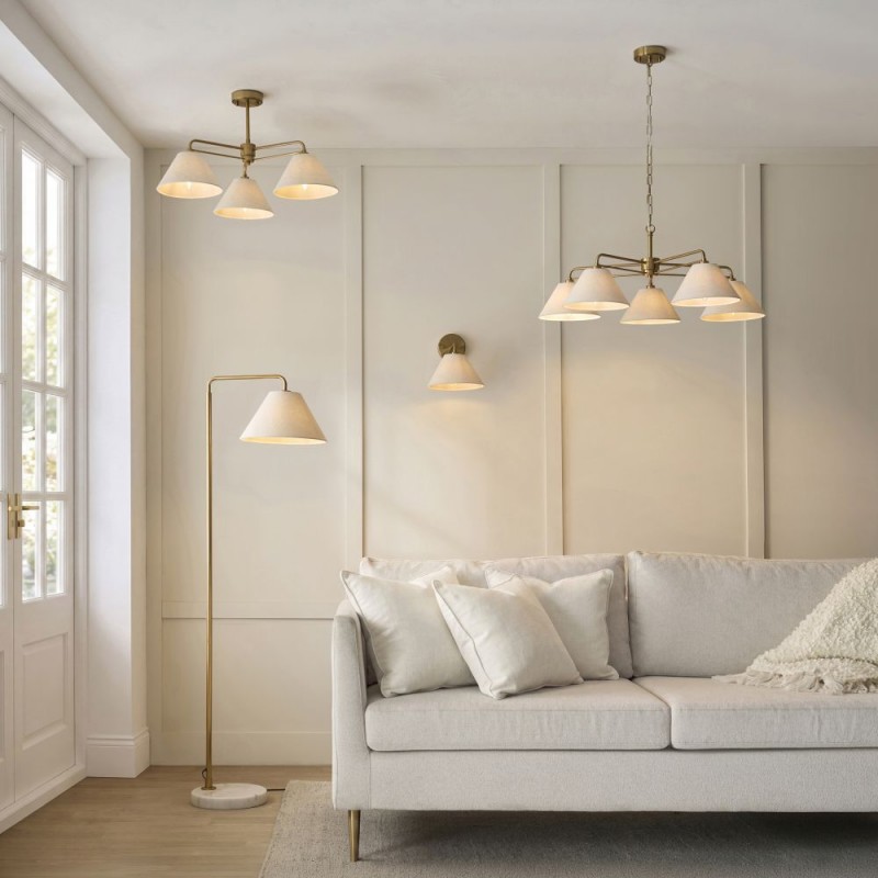 Endon-120304 - Wallbridge - Brushed Aged Brass 5 Light Centre Fitting with Natural Linen Shades