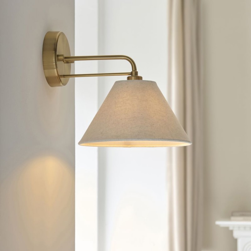 Endon-120306 - Wallbridge - Brushed Aged Brass Wall Lamp with Natural Linen Shade