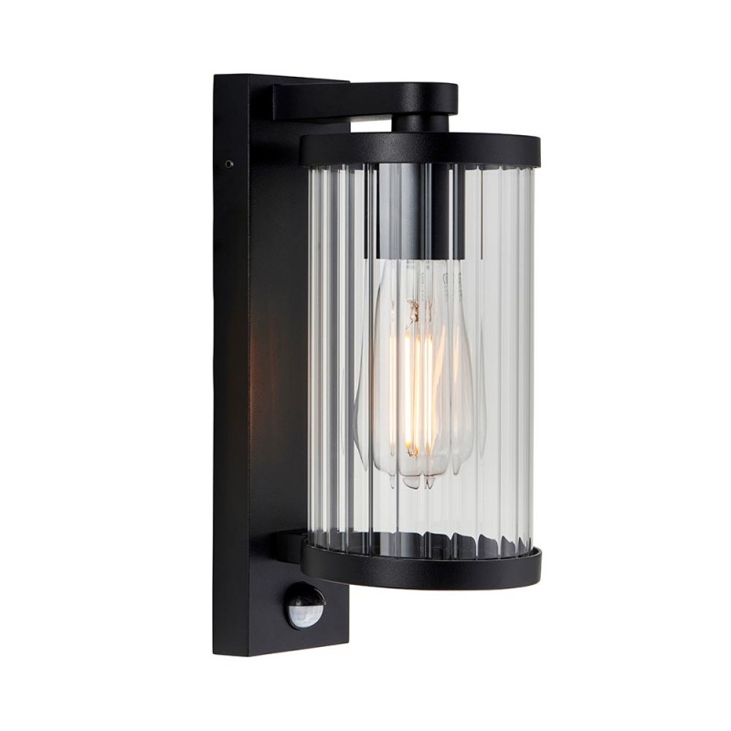 - Newcombe - Matt Black PIR Wall Lamp with Clear Ribbed Glass IP 44 Endon-120537 - Newcombe - Matt Black PIR Wall Lamp with Clear Ribbed Glass IP 44