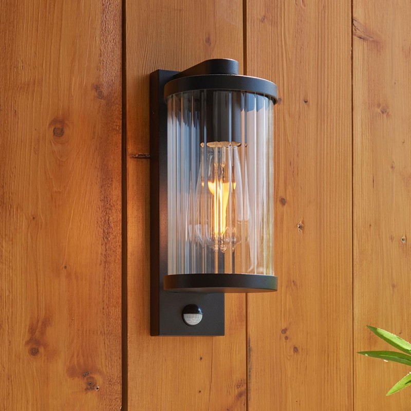 - Newcombe - Matt Black PIR Wall Lamp with Clear Ribbed Glass IP 44 Endon-120537 - Newcombe - Matt Black PIR Wall Lamp with Clear Ribbed Glass IP 44