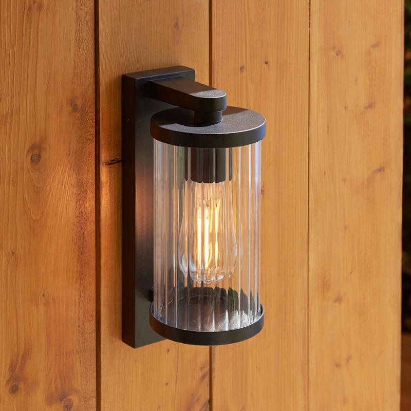 - Newcombe - Matt Black PIR Wall Lamp with Clear Ribbed Glass IP 44 Endon-120537 - Newcombe - Matt Black PIR Wall Lamp with Clear Ribbed Glass IP 44