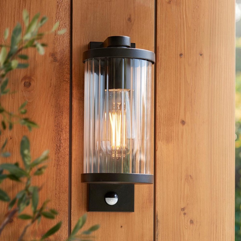 - Newcombe - Matt Black PIR Wall Lamp with Clear Ribbed Glass IP 44 Endon-120537 - Newcombe - Matt Black PIR Wall Lamp with Clear Ribbed Glass IP 44