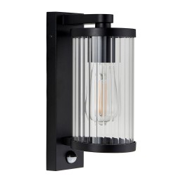 Newcombe - Matt Black PIR Wall Lamp with Clear Ribbed Glass IP 44