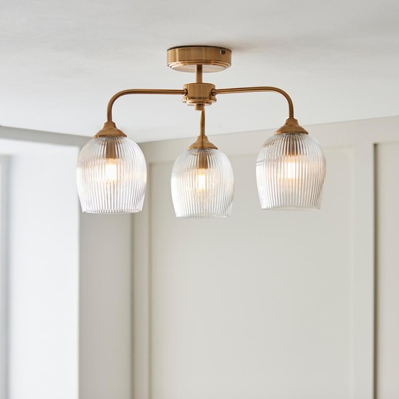 - Ashcroft Ribbed - Brushed Aged Brass 3 Light Semi Flush with Clear Ribbed Glass Endon-120617 - Ashcroft Ribbed - Brushed Aged Brass 3 Light Semi Flush with Clear Ribbed Glass