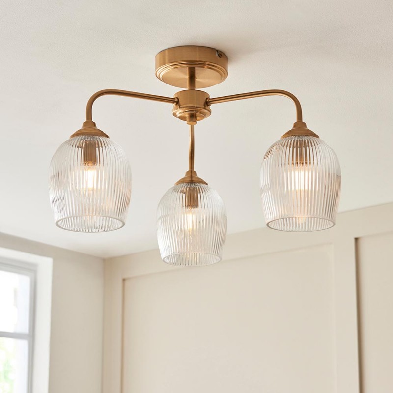 - Ashcroft Ribbed - Brushed Aged Brass 3 Light Semi Flush with Clear Ribbed Glass Endon-120617 - Ashcroft Ribbed - Brushed Aged Brass 3 Light Semi Flush with Clear Ribbed Glass