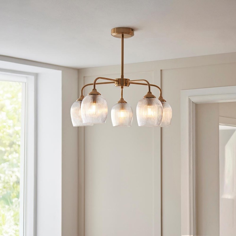 - Ashcroft Ribbed - Brushed Aged Brass 5 Light Semi Flush with Clear Ribbed Glass Endon-120619 - Ashcroft Ribbed - Brushed Aged Brass 5 Light Semi Flush with Clear Ribbed Glass