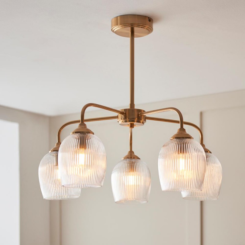 - Ashcroft Ribbed - Brushed Aged Brass 5 Light Semi Flush with Clear Ribbed Glass Endon-120619 - Ashcroft Ribbed - Brushed Aged Brass 5 Light Semi Flush with Clear Ribbed Glass
