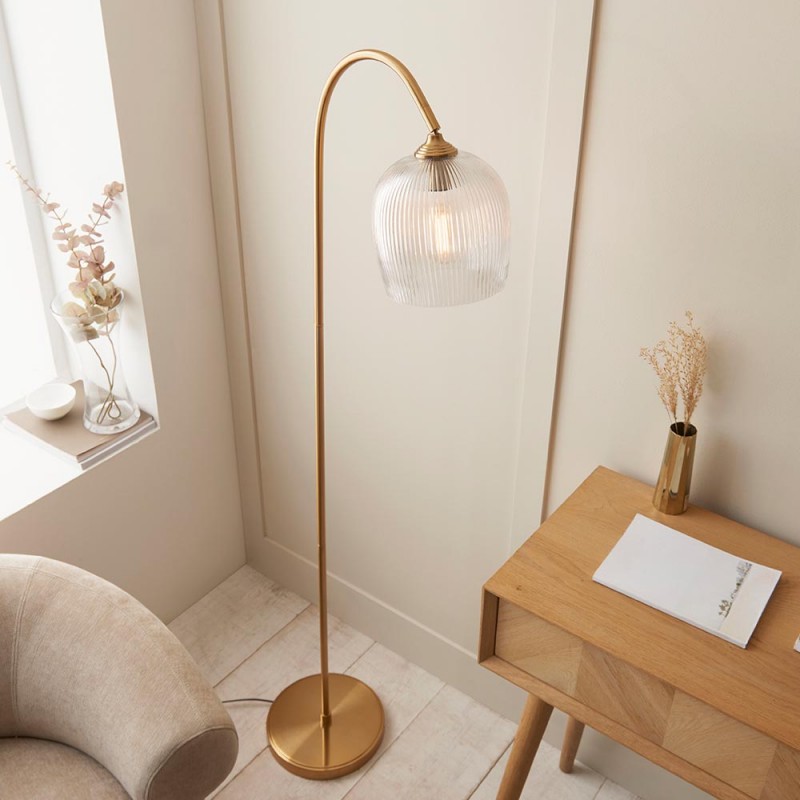 - Ashcroft Ribbed - Brushed Aged Brass Floor Lamp with Clear Ribbed Glass Endon-120621 - Ashcroft Ribbed - Brushed Aged Brass Floor Lamp with Clear Ribbed Glass