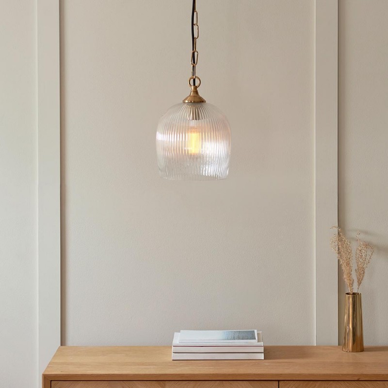 - Ashcroft Ribbed - Brushed Aged Brass Pendant with Clear Ribbed Glass Endon-120625 - Ashcroft Ribbed - Brushed Aged Brass Pendant with Clear Ribbed Glass