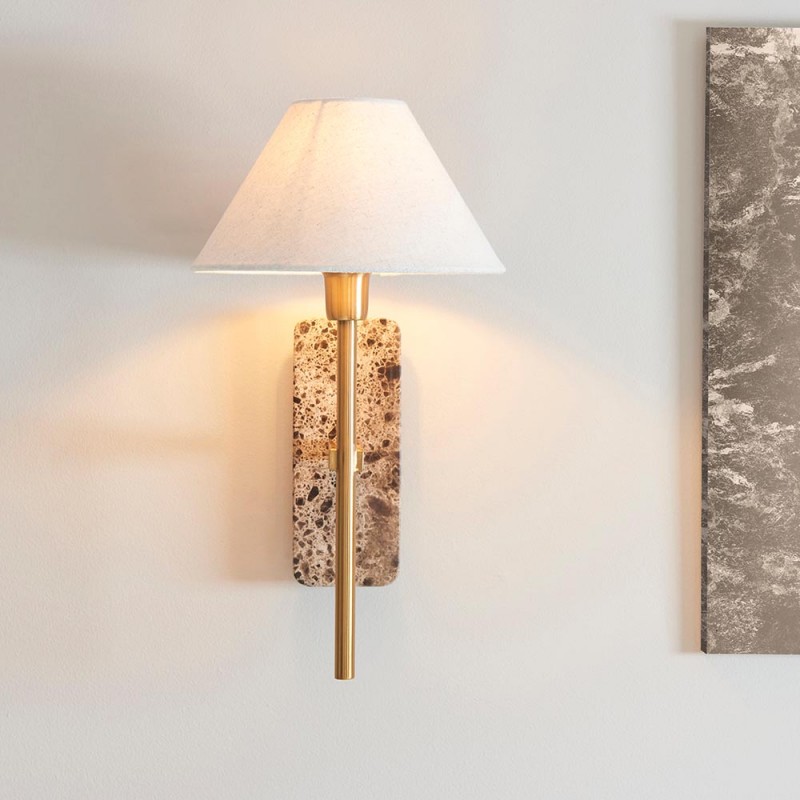 - Faro - Brown Marble & Vintage Brass Wall Lamp with Natural Linen Endon-120636 - Faro - Brown Marble & Vintage Brass Wall Lamp with Natural Linen