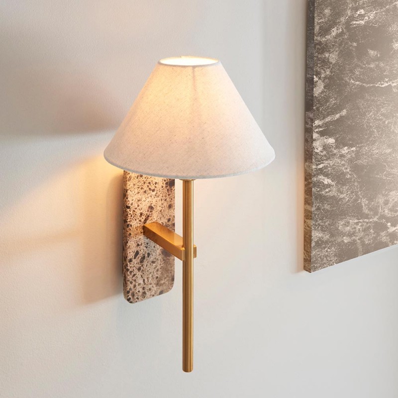 - Faro - Brown Marble & Vintage Brass Wall Lamp with Natural Linen Endon-120636 - Faro - Brown Marble & Vintage Brass Wall Lamp with Natural Linen