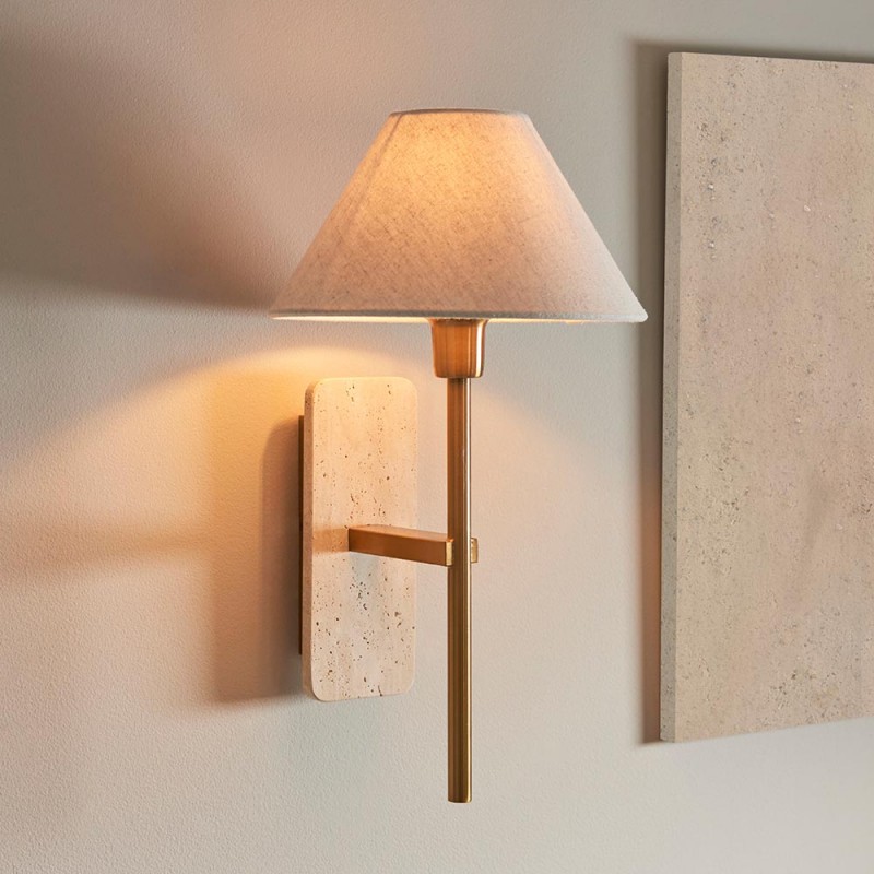 Wall Lights - Faro - Travertine Stone & Vintage Brass Wall Lamp with Natural Linen Endon-120637 - Faro - Travertine Stone & Vintage Brass Wall Lamp with Natural Linen