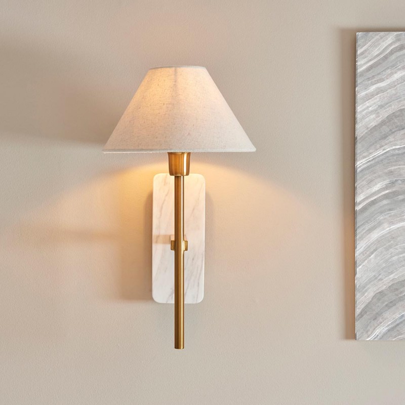 Wall Lights - Faro - White Marble & Vintage Brass Wall Lamp with Natural Linen Endon-120638 - Faro - White Marble & Vintage Brass Wall Lamp with Natural Linen