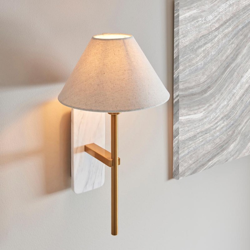 Wall Lights - Faro - White Marble & Vintage Brass Wall Lamp with Natural Linen Endon-120638 - Faro - White Marble & Vintage Brass Wall Lamp with Natural Linen