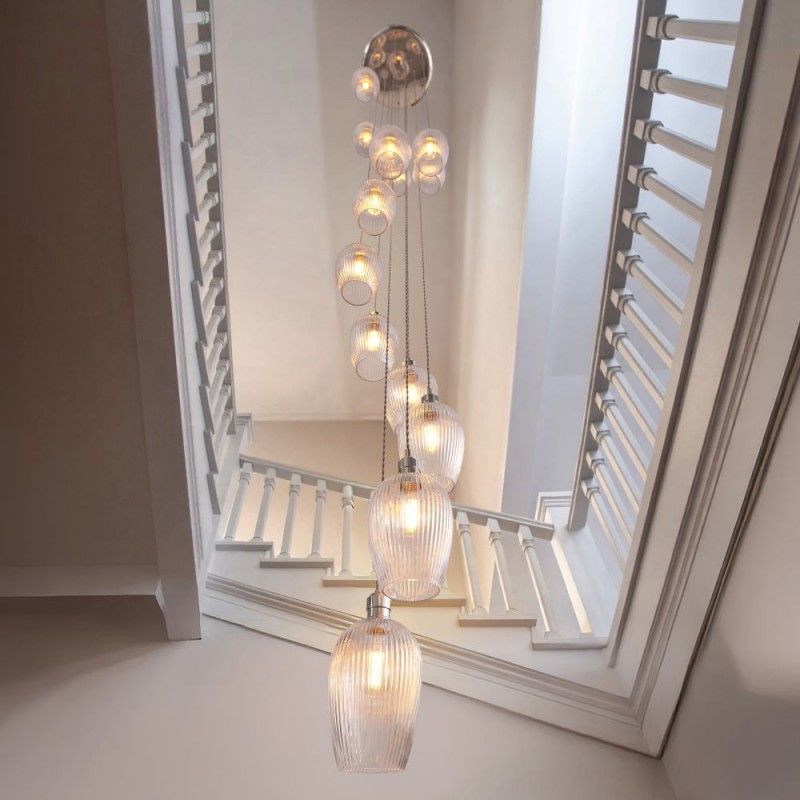 Ceiling Lights - Marinella - Bright Nickel 13 Light Cluster Pendant with Clear Ribbed Glass Ambience-120653 - Marinella - Bright Nickel 13 Light Cluster Pendant with Clear Ribbed Glass