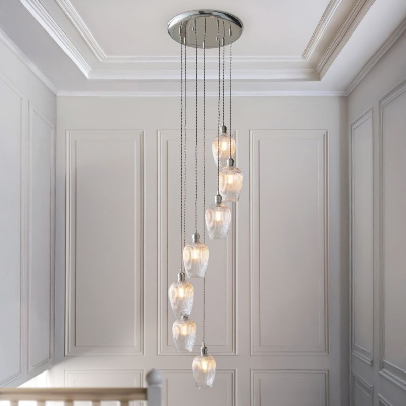 - Marinella - Bright Nickel 7 Light Cluster Pendant with Clear Ribbed Glass Ambience-120650 - Marinella - Bright Nickel 7 Light Cluster Pendant with Clear Ribbed Glass