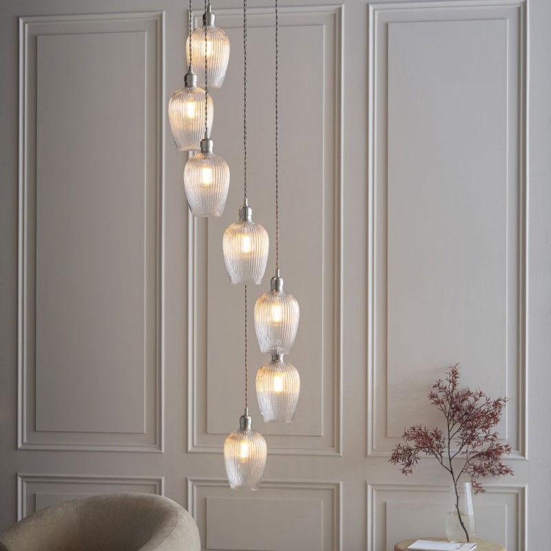 - Marinella - Bright Nickel 7 Light Cluster Pendant with Clear Ribbed Glass Ambience-120650 - Marinella - Bright Nickel 7 Light Cluster Pendant with Clear Ribbed Glass