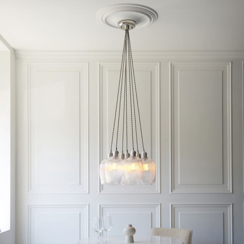 - Marinella - Bright Nickel 7 Light Cluster Pendant with Clear Ribbed Glass Ambience-120651 - Marinella - Bright Nickel 7 Light Cluster Pendant with Clear Ribbed Glass