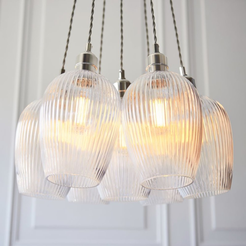 - Marinella - Bright Nickel 7 Light Cluster Pendant with Clear Ribbed Glass Ambience-120651 - Marinella - Bright Nickel 7 Light Cluster Pendant with Clear Ribbed Glass