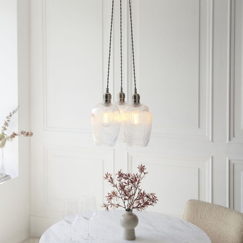 - Marinella - Bright Nickel 3 Light Cluster Pendant with Clear Ribbed Glass Ambience-120652 - Marinella - Bright Nickel 3 Light Cluster Pendant with Clear Ribbed Glass