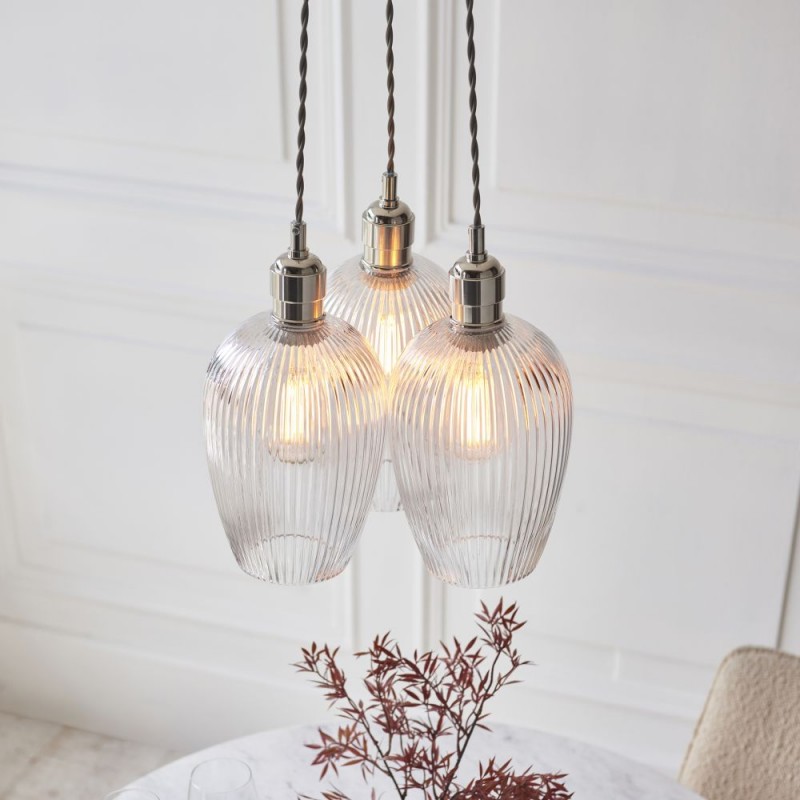 - Marinella - Bright Nickel 3 Light Cluster Pendant with Clear Ribbed Glass Ambience-120652 - Marinella - Bright Nickel 3 Light Cluster Pendant with Clear Ribbed Glass