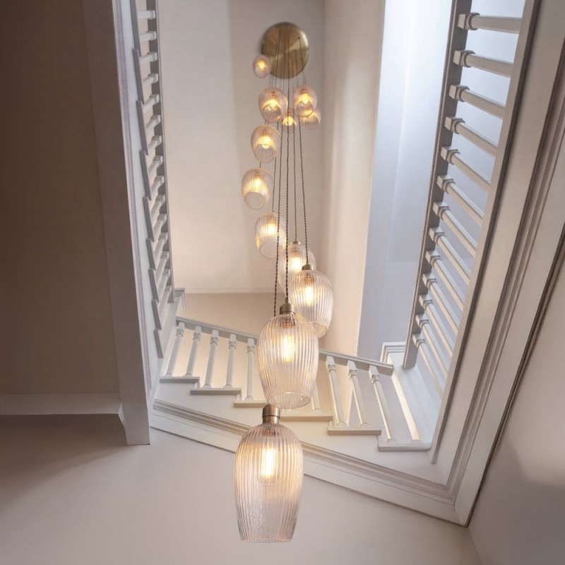 Ceiling Lights - Marinella - Antique Brass 13 Light Cluster Pendant with Clear Ribbed Glass Ambience-120649 - Marinella - Antique Brass 13 Light Cluster Pendant with Clear Ribbed Glass
