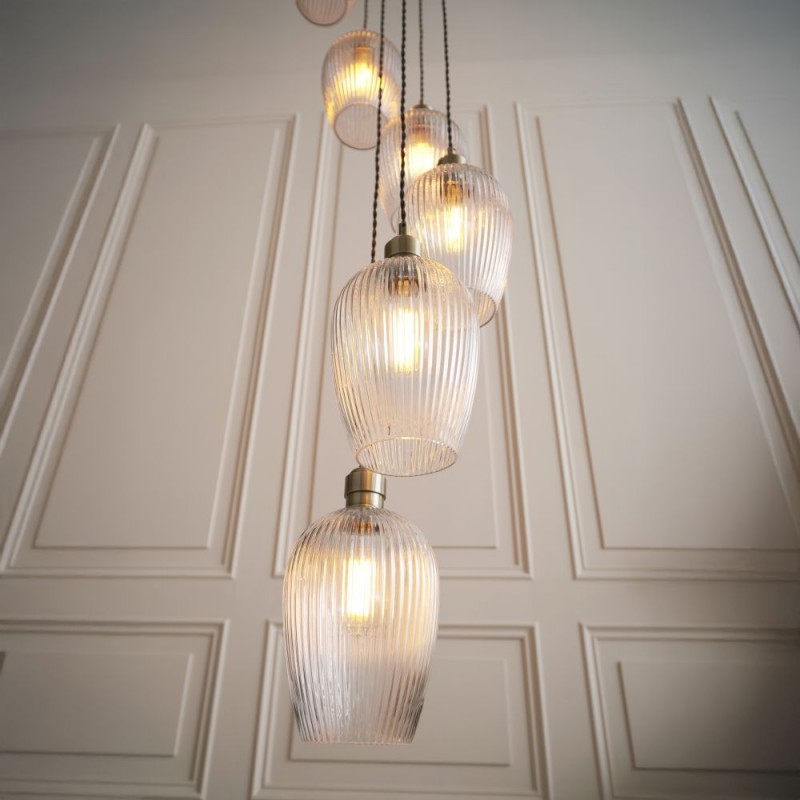 Ceiling Lights - Marinella - Antique Brass 13 Light Cluster Pendant with Clear Ribbed Glass Ambience-120649 - Marinella - Antique Brass 13 Light Cluster Pendant with Clear Ribbed Glass