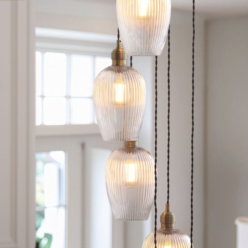 Ceiling Lights - Marinella - Antique Brass 13 Light Cluster Pendant with Clear Ribbed Glass Ambience-120649 - Marinella - Antique Brass 13 Light Cluster Pendant with Clear Ribbed Glass