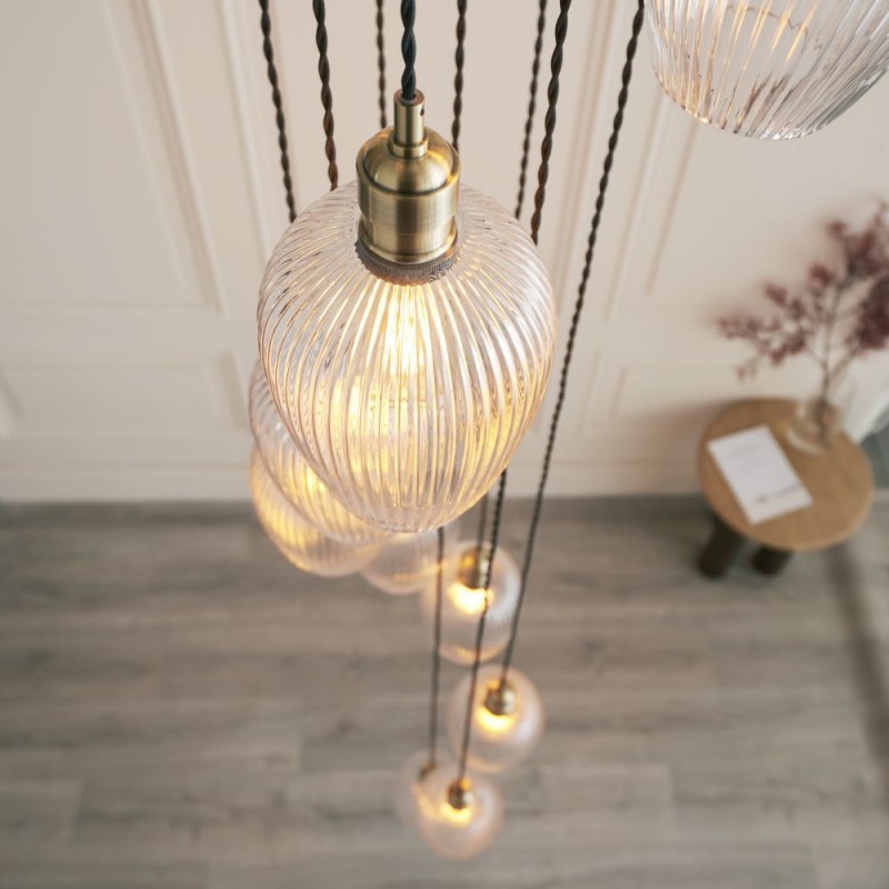 Ceiling Lights - Marinella - Antique Brass 13 Light Cluster Pendant with Clear Ribbed Glass Ambience-120649 - Marinella - Antique Brass 13 Light Cluster Pendant with Clear Ribbed Glass