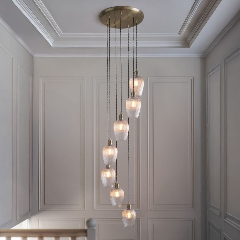- Marinella - Antique Brass 7 Light Cluster Pendant with Clear Ribbed Glass Ambience-120654 - Marinella - Antique Brass 7 Light Cluster Pendant with Clear Ribbed Glass