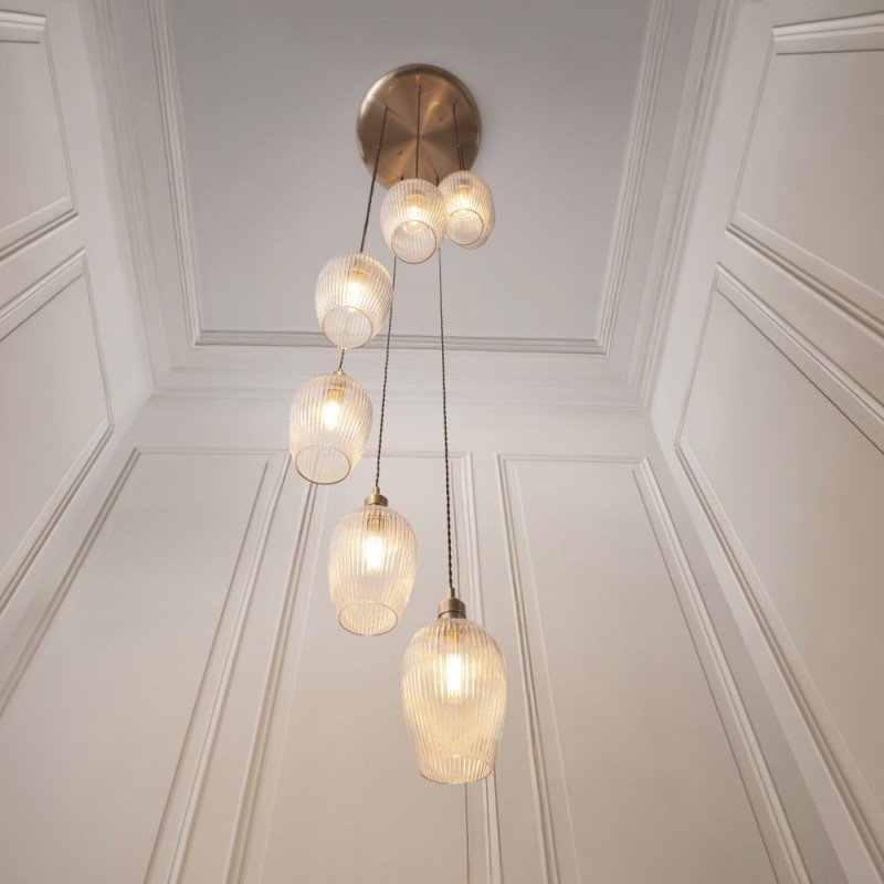 - Marinella - Antique Brass 7 Light Cluster Pendant with Clear Ribbed Glass Ambience-120654 - Marinella - Antique Brass 7 Light Cluster Pendant with Clear Ribbed Glass