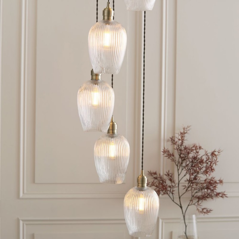 - Marinella - Antique Brass 7 Light Cluster Pendant with Clear Ribbed Glass Ambience-120654 - Marinella - Antique Brass 7 Light Cluster Pendant with Clear Ribbed Glass