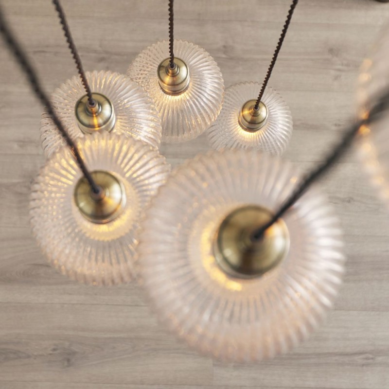 - Marinella - Antique Brass 7 Light Cluster Pendant with Clear Ribbed Glass Ambience-120654 - Marinella - Antique Brass 7 Light Cluster Pendant with Clear Ribbed Glass