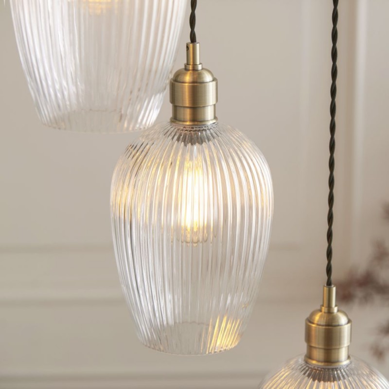 - Marinella - Antique Brass 7 Light Cluster Pendant with Clear Ribbed Glass Ambience-120654 - Marinella - Antique Brass 7 Light Cluster Pendant with Clear Ribbed Glass