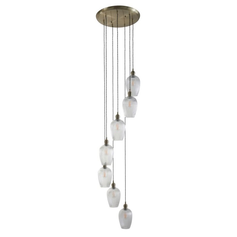 - Marinella - Antique Brass 7 Light Cluster Pendant with Clear Ribbed Glass Ambience-120654 - Marinella - Antique Brass 7 Light Cluster Pendant with Clear Ribbed Glass