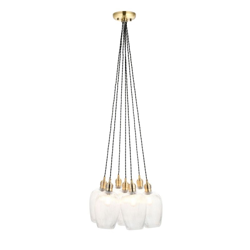 - Marinella - Antique Brass 7 Light Cluster Pendant with Clear Ribbed Glass Ambience-120655 - Marinella - Antique Brass 7 Light Cluster Pendant with Clear Ribbed Glass