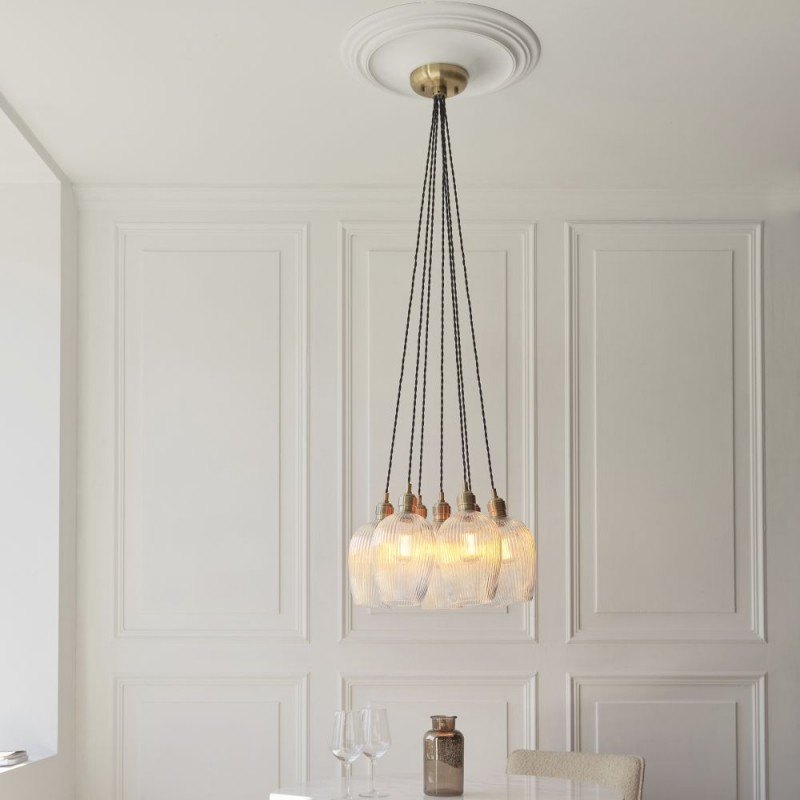 - Marinella - Antique Brass 7 Light Cluster Pendant with Clear Ribbed Glass Ambience-120655 - Marinella - Antique Brass 7 Light Cluster Pendant with Clear Ribbed Glass