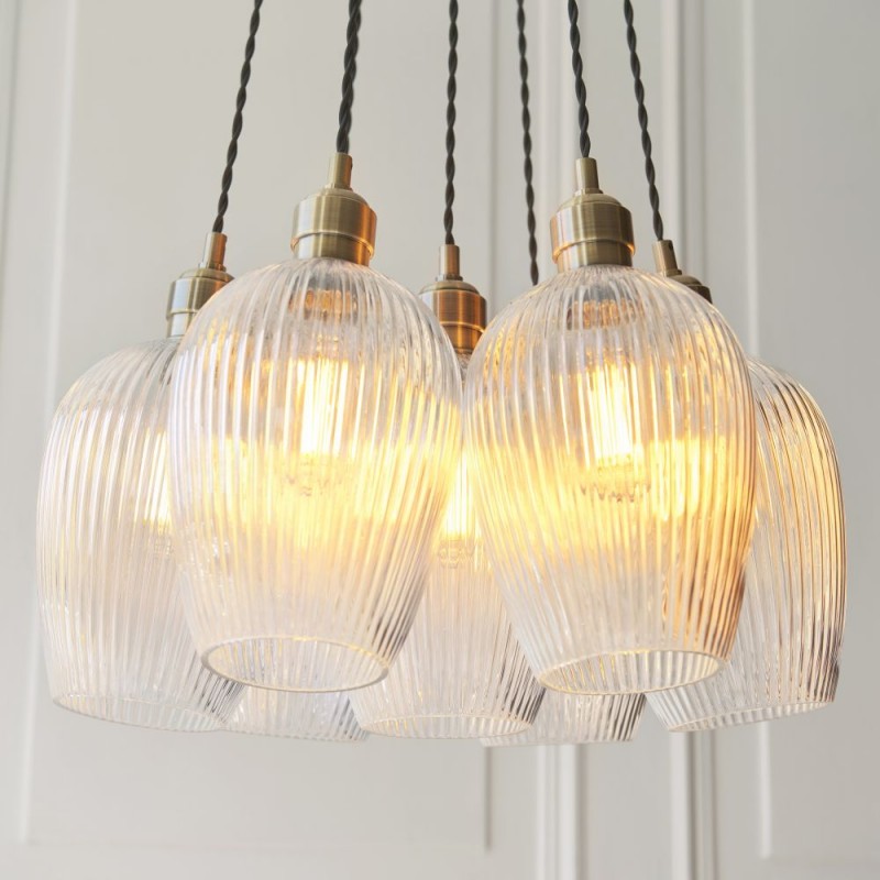 - Marinella - Antique Brass 7 Light Cluster Pendant with Clear Ribbed Glass Ambience-120655 - Marinella - Antique Brass 7 Light Cluster Pendant with Clear Ribbed Glass