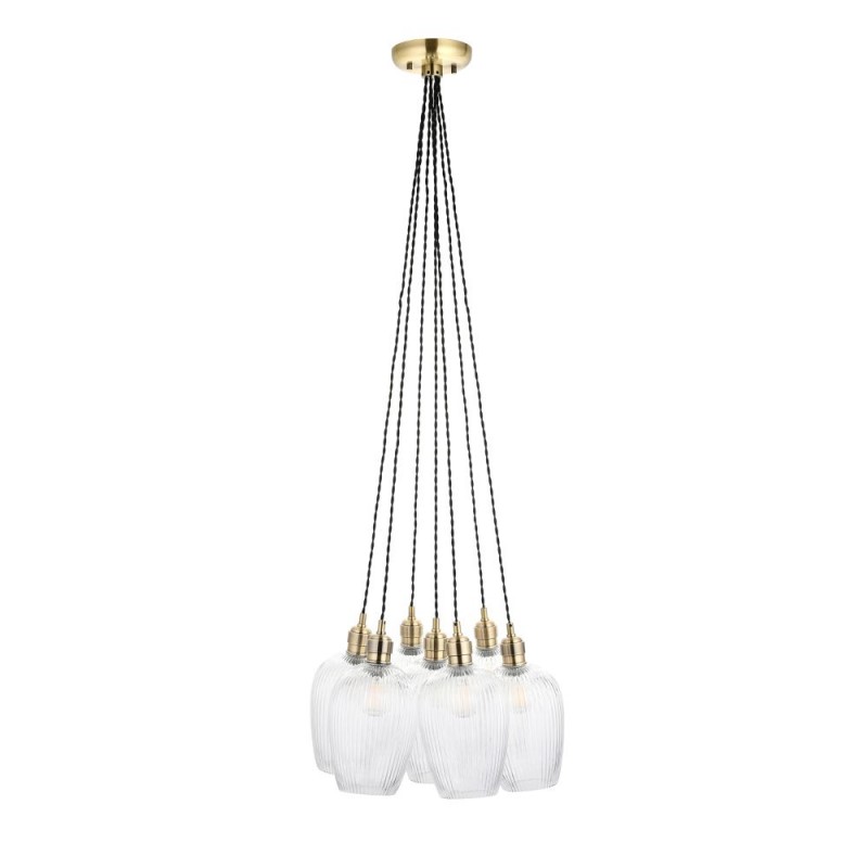 - Marinella - Antique Brass 7 Light Cluster Pendant with Clear Ribbed Glass Ambience-120655 - Marinella - Antique Brass 7 Light Cluster Pendant with Clear Ribbed Glass