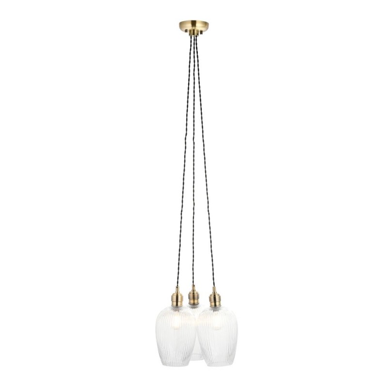 - Marinella - Antique Brass 3 Light Cluster Pendant with Clear Ribbed Glass Ambience-120656 - Marinella - Antique Brass 3 Light Cluster Pendant with Clear Ribbed Glass