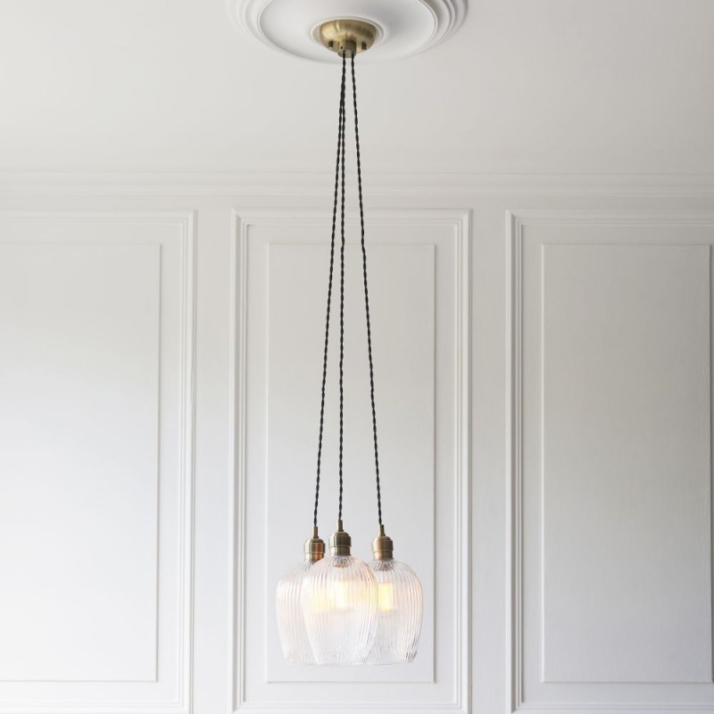 - Marinella - Antique Brass 3 Light Cluster Pendant with Clear Ribbed Glass Ambience-120656 - Marinella - Antique Brass 3 Light Cluster Pendant with Clear Ribbed Glass