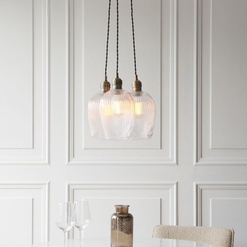 - Marinella - Antique Brass 3 Light Cluster Pendant with Clear Ribbed Glass Ambience-120656 - Marinella - Antique Brass 3 Light Cluster Pendant with Clear Ribbed Glass