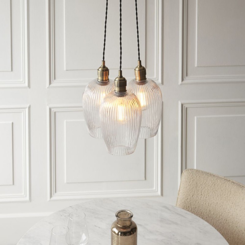 - Marinella - Antique Brass 3 Light Cluster Pendant with Clear Ribbed Glass Ambience-120656 - Marinella - Antique Brass 3 Light Cluster Pendant with Clear Ribbed Glass