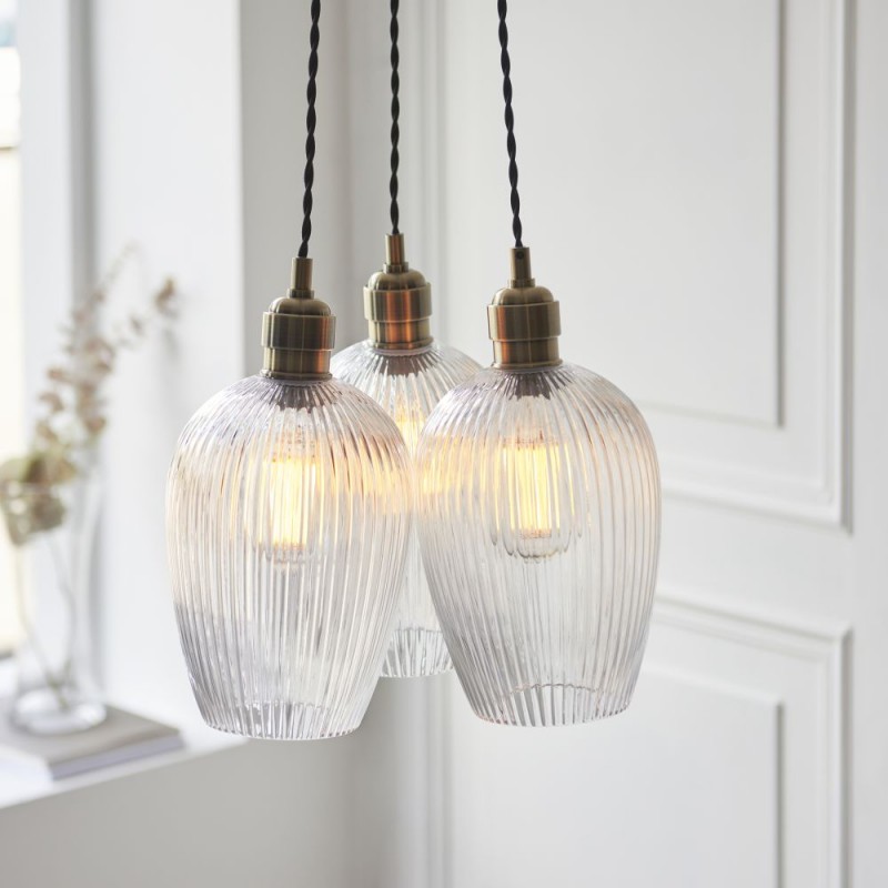 - Marinella - Antique Brass 3 Light Cluster Pendant with Clear Ribbed Glass Ambience-120656 - Marinella - Antique Brass 3 Light Cluster Pendant with Clear Ribbed Glass