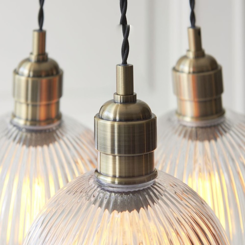 - Marinella - Antique Brass 3 Light Cluster Pendant with Clear Ribbed Glass Ambience-120656 - Marinella - Antique Brass 3 Light Cluster Pendant with Clear Ribbed Glass
