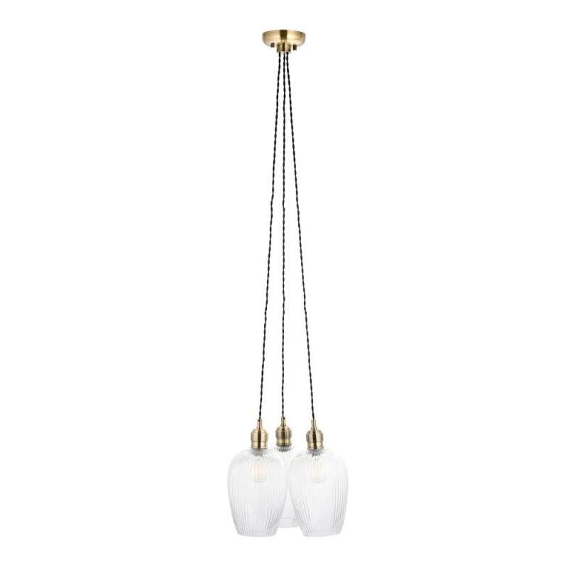 - Marinella - Antique Brass 3 Light Cluster Pendant with Clear Ribbed Glass Ambience-120656 - Marinella - Antique Brass 3 Light Cluster Pendant with Clear Ribbed Glass